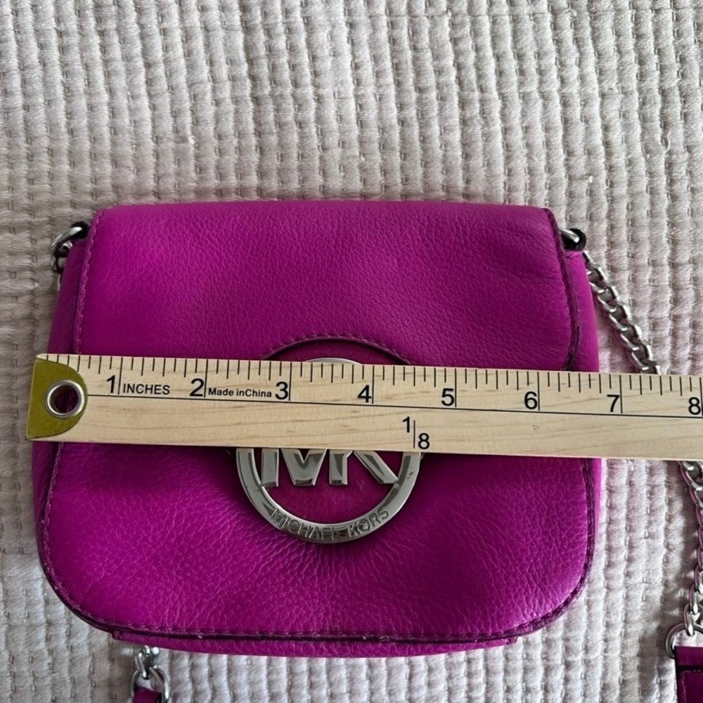 Michael Kors Fulton Small Pebble Leather Flap Crossbody Bag Purse Pink Silver - Picture 10 of 13